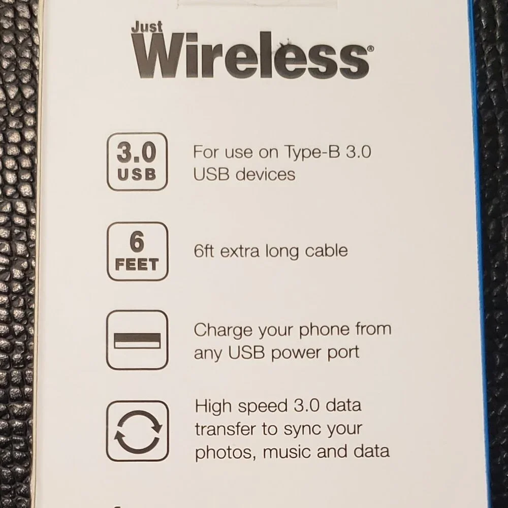 NWT Just Wireless 6 ft. Cable for Samsung Type B 3.0